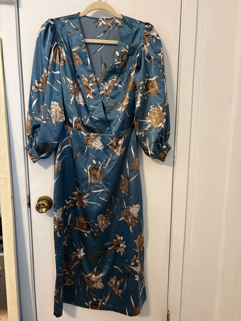 Amazon Blue Floral Satin Wrap Maxi Dress with Brown Floral Print - Picture 2 of 4